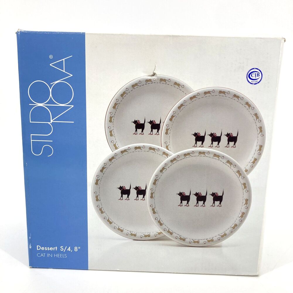 Set of 4 Studio Nova Cat In Heels 8" Dessert Plates Black Cats Gold Mouse